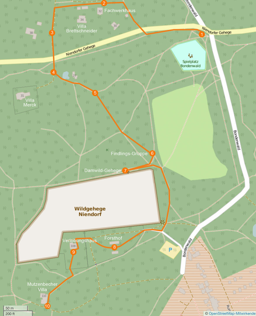 Karte des Niendorfer Gehege rund um das Damwild-Gehege mit gekennzeichneter Route und Stationen des Spaziergangs vom 27. September 2015