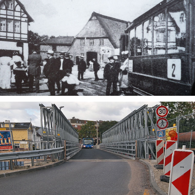 unten: Zurzeit führt der Verkehr über eine Behelfsbrücke über die Autobahn zu den Geschäften in die Frohmestraße, oben: 1913 war hier die Endhaltestelle der Linie 2, die Ausflügler und Pendler von und