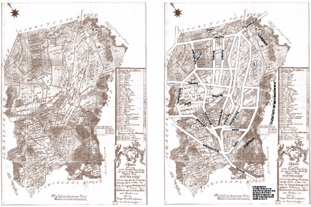 Verkoppelungskarte Hamburg-Niendorf ca. 1788 aufbereitet von Klaus-Peter Heße und Joerg Kilian mit einem Überleger der ungefähren Lage heutiger Straßenzüge und Orte (PDF, 2,2 MB)