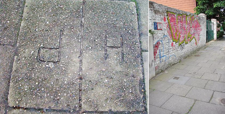 Die Platte 12A liegt in der Mitte des Bürgersteigs vor dem Haus Kegelhofstraße Nr. 61. Die Inschrift „H“ steht für Hamburg und das „P“ für Preußen.