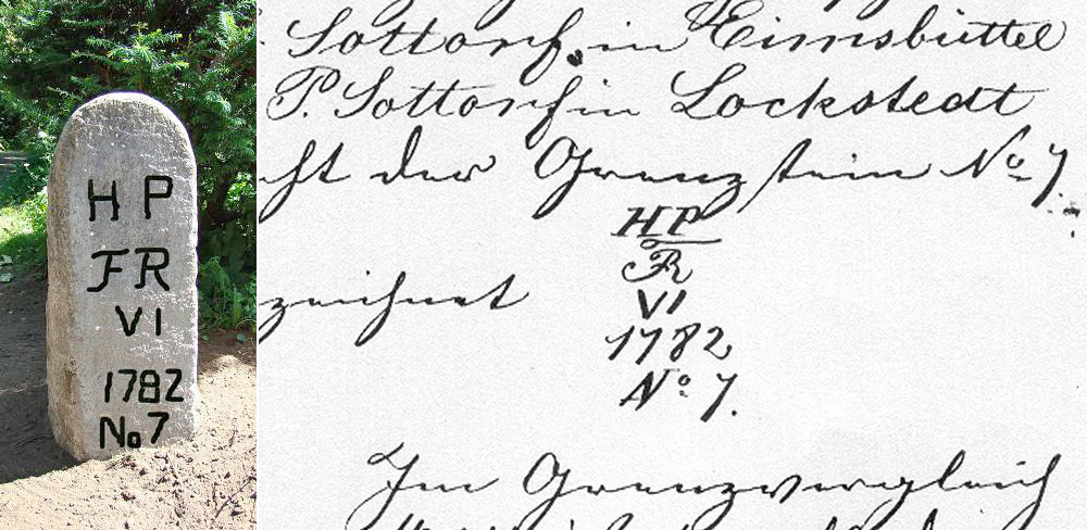 Der Original Grenzstein No 7 wurde laut Protokoll von 1856 nach dem Jahre 1808 das C7 in FR VI umgeschlagen.