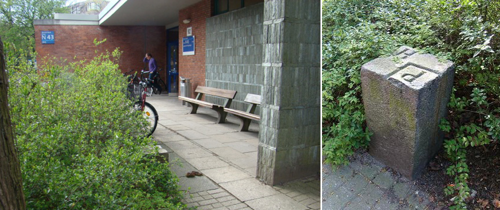 Grenzstein 11E vor dem Haus N 43. Hinweis: Der Grenzstein 11E steht seitlich vom Eingang des Physiologischen Instituts N 43 auf dem Gelände des Universitätsklinikums Hamburg Eppendorf.